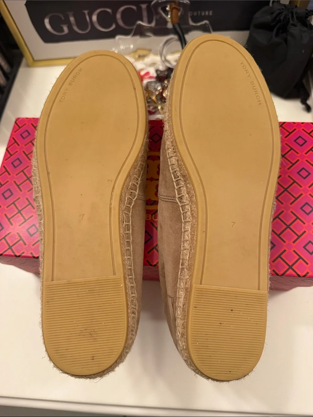 Tory Burch Beige Suede Espadrille with Embellished Logo